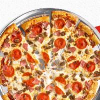 Meat Eater Pizza · Classic tomato sauce, 100% real cheese, pepperoni, ham, beef and sausage.
