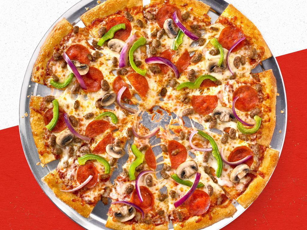 Supreme Pizza · Classic tomato sauce, 100% real cheese, pepperoni, beef, sausage, red onions, mushrooms, and green peppers.