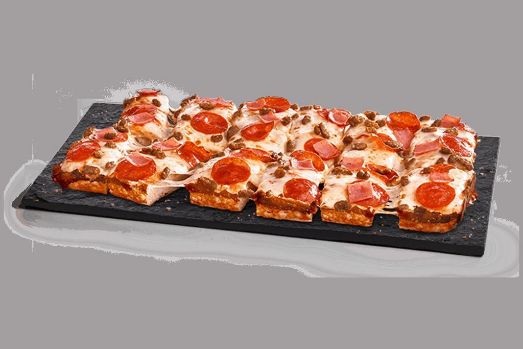 Meat Eater Pan Pizza   · Crispy, golden, pan-baked crust topped with tomato sauce, 100% real cheese, pepperoni, ham, beef and sausage.