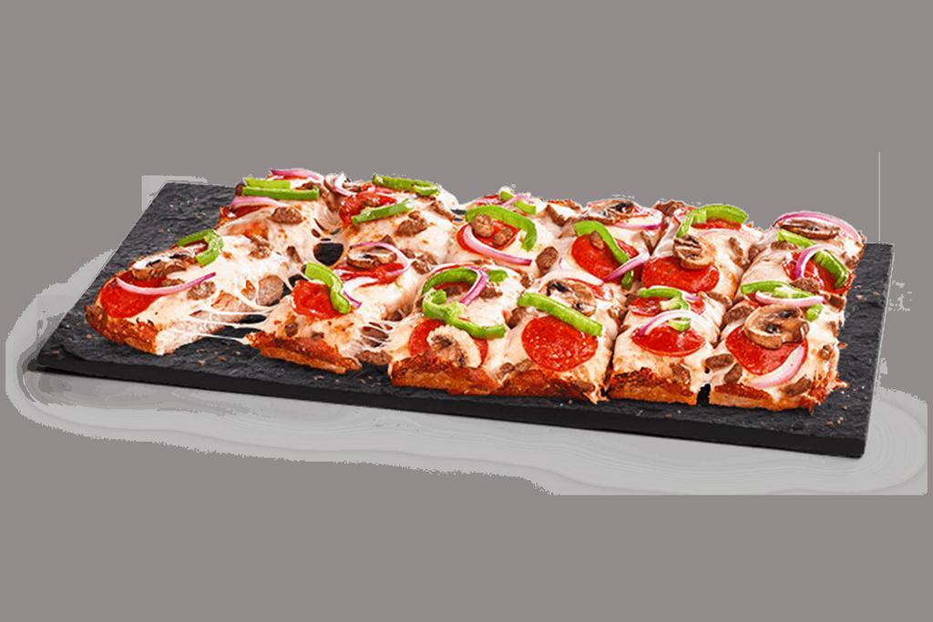 Supreme Pan Pizza  · Crispy, golden, pan-baked crust topped with garlic butter and topped with tomato sauce, 100% real cheese, pepperoni, beef, sausage, red onions, green peppers and mushrooms.