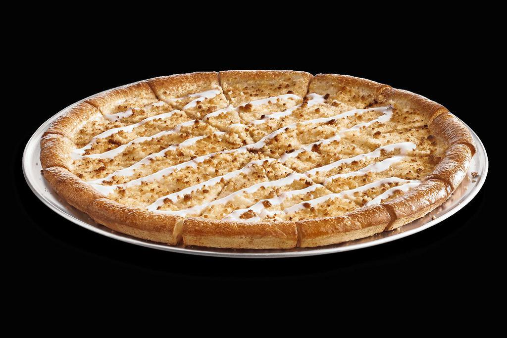 Bavarian Dessert Pizza  · Dessert pizza crust topped with Bavarian cream, sweet crumb topping and drizzled with icing.