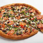 Veggie Pizza · Tomato sauce, roasted mushrooms, spinach, red onions, green and red peppers, black olives, sliced Roma tomatoes and mozz.