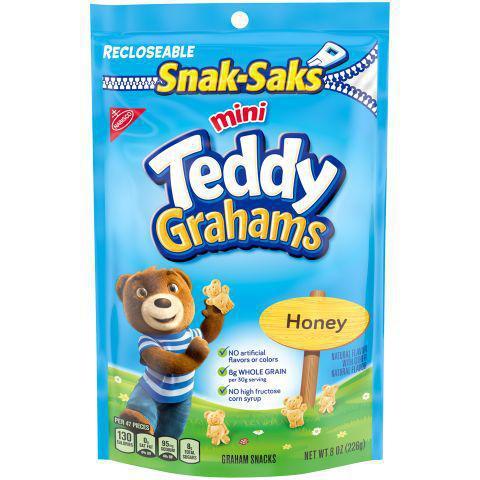 Mini Teddy Graham Snack 8oz · Fun-sized mini bears in a convenient resealable package are a great snack for moms and kids on the go. Enjoy the original honey flavor made with real honey