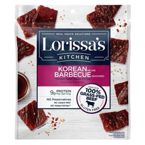 Lorissa's Kitchen Korean BBQ Beef Steak Strips 3oz · Tender 100% grass-fed beef steak strips marinated in a sweet soy sauce with hints of garlic, onion, and a touch of heat, then flame-kissed for that char-grilled flavor the whole family will love.