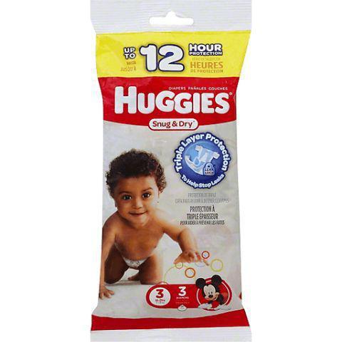 Huggies Snug & Dry Diapers 3 3 Count · A diaper that absorbs wetness quickly and helps prevent leaks. Huggies® Snug & Dry™ has you covered, with up to 12-hour leak protection to help keep your baby dry and comfy.