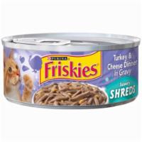 Friskies Shredded Turkey & Cheese 5.5oz · Thin shreds of real turkey and cheese swimming in savory gravy for a completely balanced meal.