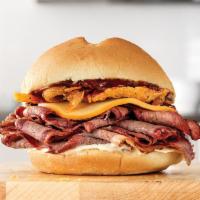Smokehouse Brisket Meal · Sliced smoked brisket with melted Gouda cheese, crispy onions, smoky BBQ sauce and mayonnais...
