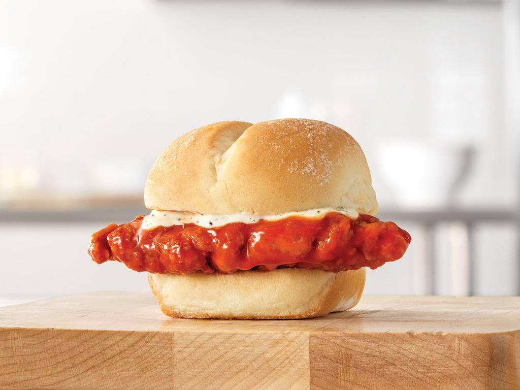 Buffalo Chicken Slider · A crispy chicken tender dipped in spicy buffalo sauce with creamy ranch sauce on a soft slider style bun. Visit arbys.com for nutritional and allergen information.