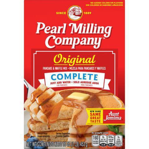 Pearl Milling Company Pancake Mix Complete 1lb · Make any moment memorable when you serve a stack of pancakes made with Aunt Jemima® Original Pancake & Waffle Mix. They’re perfectly fluffy, contain no artificial coloring or flavors and are a good source of calcium and iron, so you can feel good about serving them to your family.