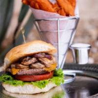 Ranger · Wagyu Beef Patty, Topped with Grilled Button Mushrooms, Caramelized Onions and 
Melted Chedd...