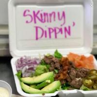 Skinny Dippin' · Wegular burger, without the bun, chopped into a delicious salad! Add on's are available as w...