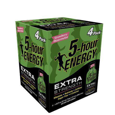 5-Hour Energy Extra Strength Strawberry Watermelon 4 Pack · Extra strength strawberry watermelon-flavored energy shot that contains a blend of vitamins, nutrients and caffeine – all with 0 sugar and only 4 calories.