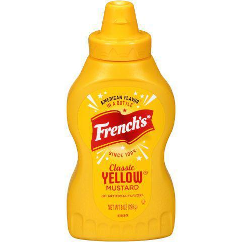 Frenchs Mustard Squeeze 8oz · French's Classic Yellow Mustard is made with stone ground, #1 Grade Mustard Seeds and has no artificial colors, flavors or preservatives. Delivers the smooth texture and tangy taste your family will love.