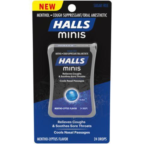 Halls Minis Sugar-Free Mentholypts 24 Count · HALLS Cough Drops are here to help relieve those irritating coughs and sore throats. In a sugar-free Mentho-Lyptus flavor.