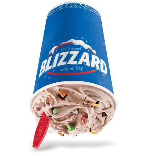  M&M'S Milk Chocolate Candies Blizzard® Treat · 
M&M's candy pieces and chocolaty topping blended with creamy DQ vanilla soft serve to BLIZZARD perfection. 