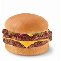 Double with Cheese (1/3 lb.) · Two 100% beef burger equaling over 1/3 lb topped with melted cheese, pickles, ketchup and mu...