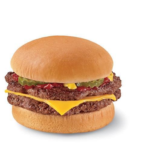 1/3 lb. Double with Cheese · Two 100% all-beef patties equalling over a 1/3 lb. topped with melted cheese, pickles, ketchup and mustard served on a warm toasted bun. Pre-cooked weight.