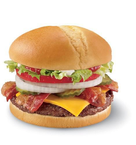1/4 lb. Bacon Cheese Grill Burger · One ¼ lb. (pre-cooked weight) 100% beef burger topped with melted cheese, thick-cut applewood smoked bacon, thick-cut tomato, crisp chopped lettuce, pickles, onions, ketchup, and mayo served on a warm toasted bun.