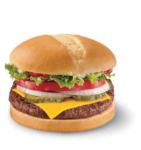  1/4 lb. Cheese GrillBurger™ · 
Two 100% beef burger equaling over 1/4 lb topped with melted cheese, thick-cut tomato, crisp chopped lettuce, pickles, onions, ketchup and mayo served on a warm toasted bun.	 																			