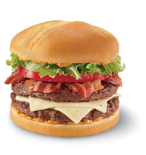 FlameThrower® GrillBurger™  · Two ¼ lb. 100% beef burger topped with DQ fiery FLAMETHROWER sauce, melted pepper jack cheese, jalapeno bacon, thick-cut tomato and crisp chopped lettuce served on a warm toasted bun

