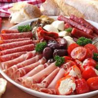 Premium Antipasto Platter · Prosciuto crudo, salame felino, cured filet mignon, fontina, manchego, olive taggiasche, roa...