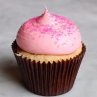 Pink Vanilla Cupcake · Vanilla cupcake topped with pink vanilla buttercream.