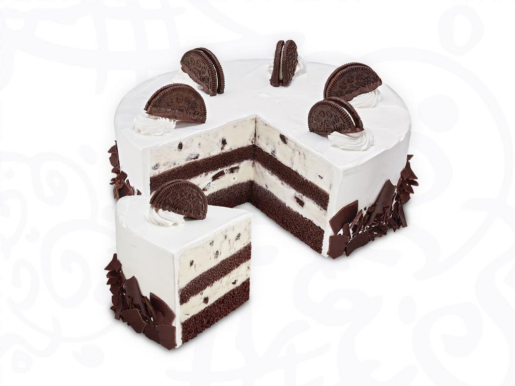 Cookies & Creamery™ Cake · Layers of moist devil’s food cake and sweet cream ice cream with Oreo® cookies wrapped in fluffy white frosting.