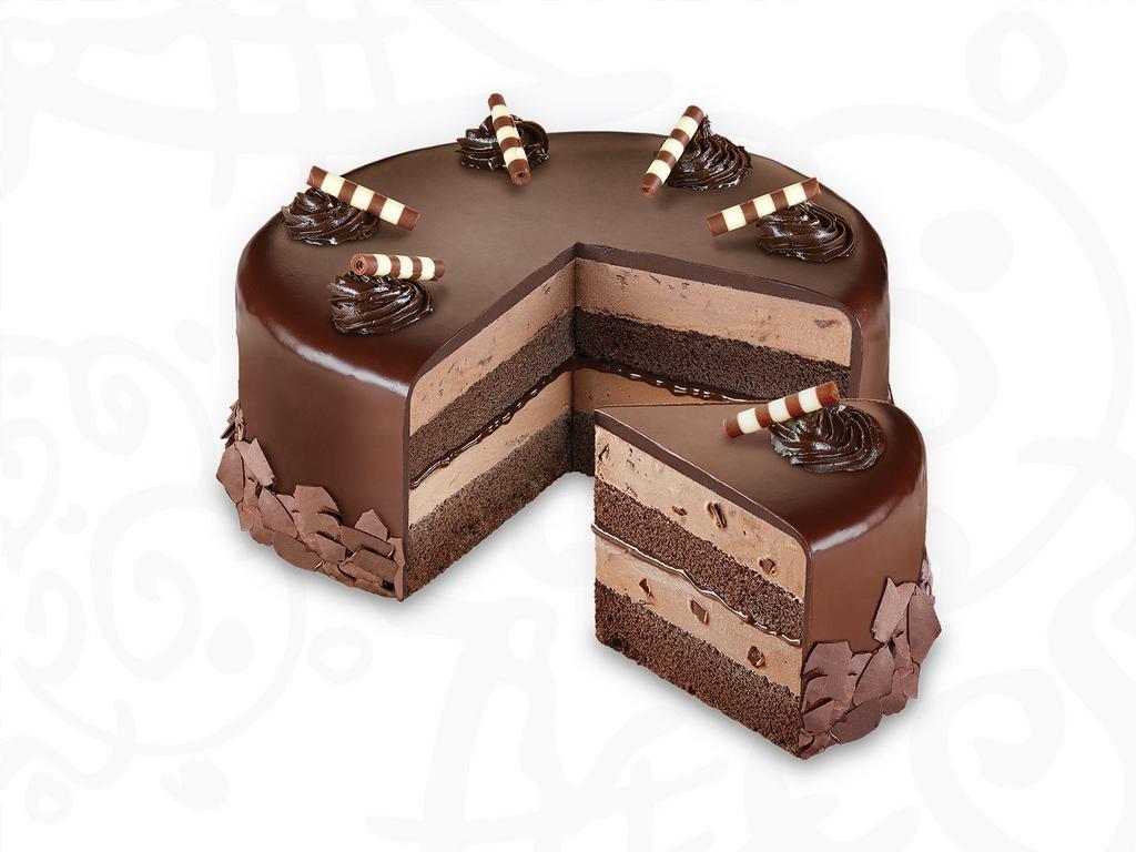Midnight Delight Cake · layers of moist Devil's food cake, fudge and chocolate chip ice cream with chocolate savings wrapped in a rich fudge Ganache