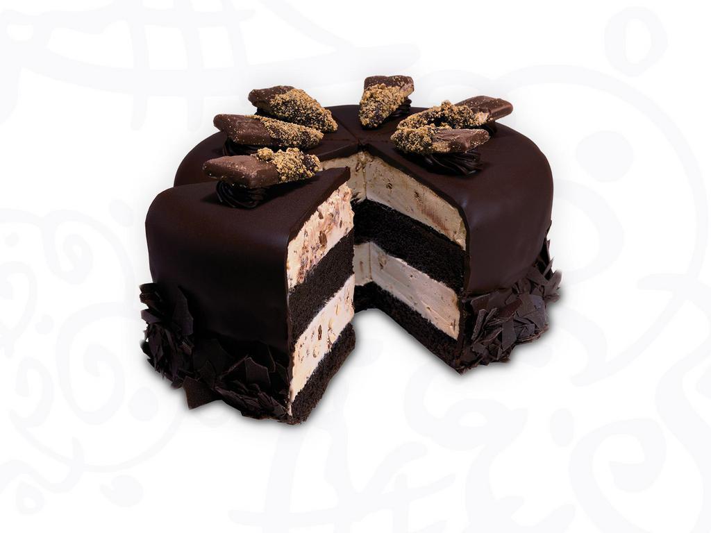 Coffee House Crunch Cake · layers of moist Devil's food cake and coffee ice cram with HEATH bar wrapped in a rich fudge Ganache