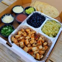 Grilled Chicken Personal Taco Box · Marinated Grilled Chicken, cilantro rice (vegan), seasoned black beans (vegan), fire roasted...