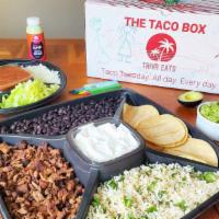 Grilled Steak Family Taco Box · 12oz of marinated Grilled Steak, 16oz of cilantro rice (vegan), 16oz of seasoned black beans...