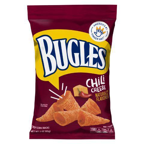 Bugles Chili Cheese 3oz · A unique snacking experience of crispy corn triangles doused in chili cheese flavoring.