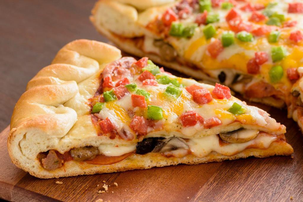 Big Murphy's Stuffed Pizza (Baking Required) · Red sauce, mozzarella, pepperoni, Italian sausage, mushrooms and olives, topped with green peppers, Roma tomatoes and herb and cheese blend.