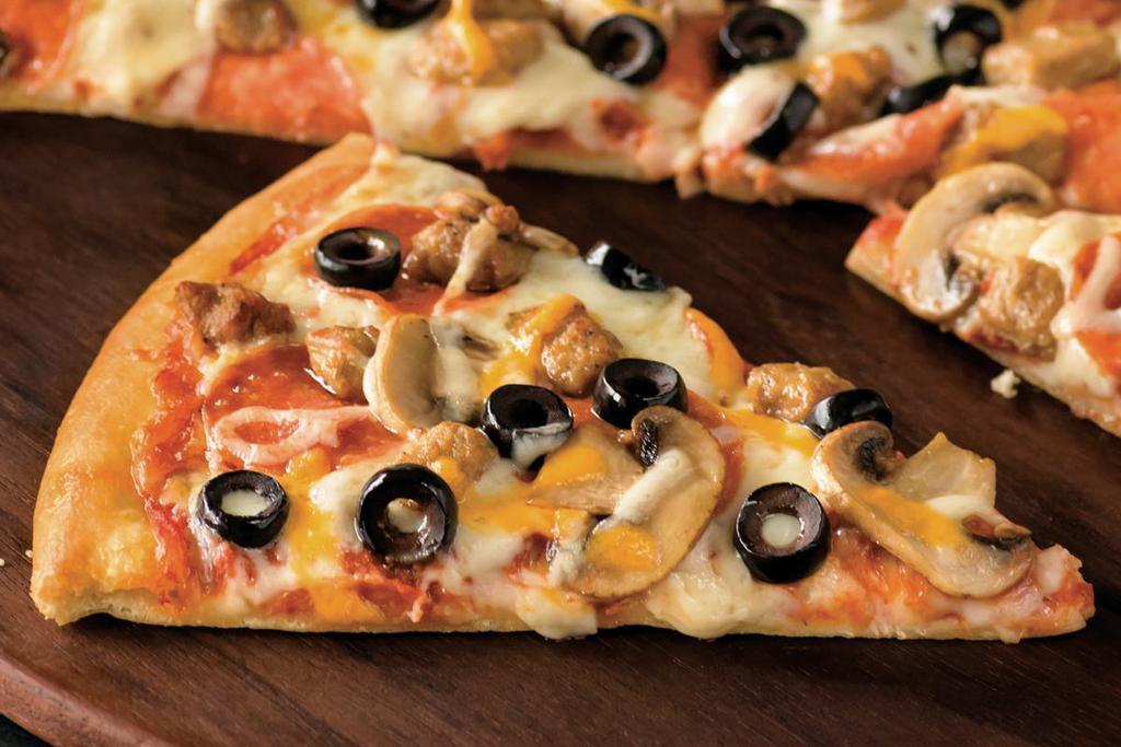 Cowboy Pizza (Baking Required) · Pepperoni, Italian sausage, sliced mushrooms, black olives, mild cheddar, whole-milk mozzarella and herb and cheese blend, topped with traditional red sauce on our original crust.