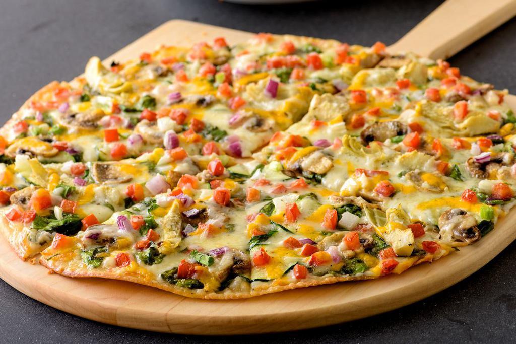 Gourmet Vegetarian Pizza (Baking Required) · Fresh spinach, sliced zucchini, sliced mushrooms, marinated artichoke hearts, Roma tomatoes, mixed onions, whole-milk mozzarella, mild cheddar, and herb & cheese blend, topped with creamy garlic sauce on our Artisan Thin Crust.