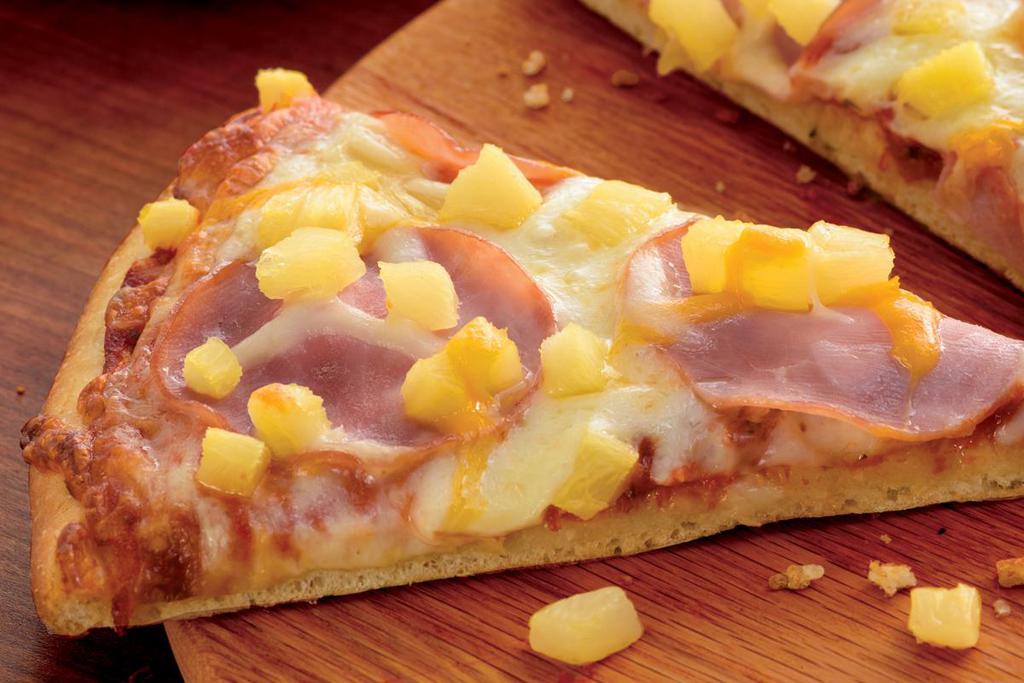 Hawaiian Pizza (Baking Required) · Red sauce, mozzarella, Canadian bacon, pineapple and topping cheese. 