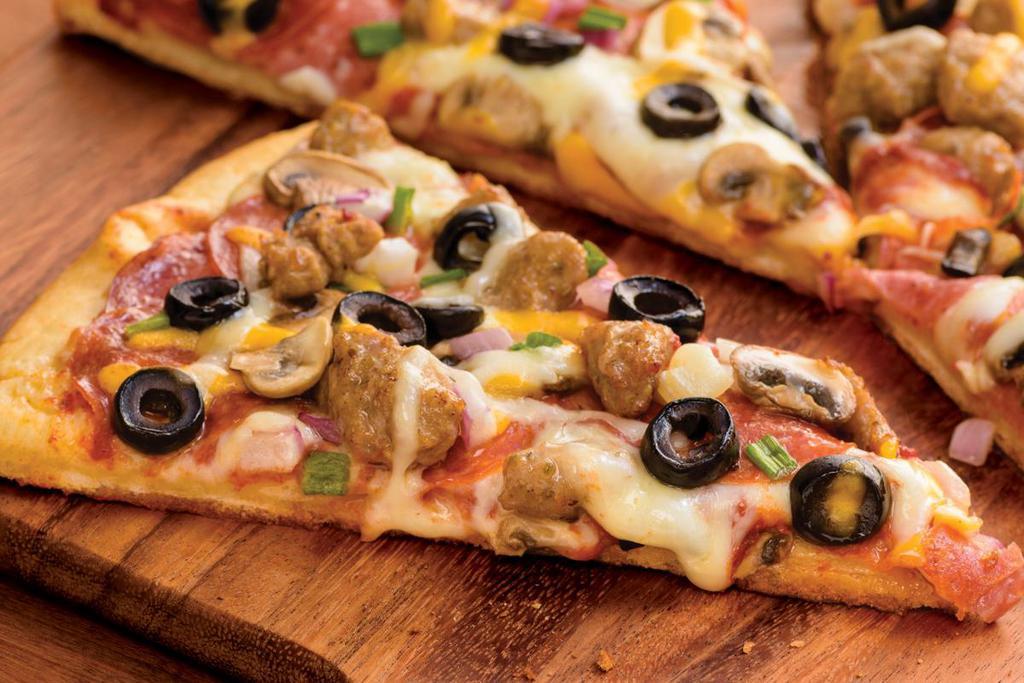 Murphy's Combo Pizza (Baking Required) · Salami, premium pepperoni, Italian sausage, sliced mushrooms, mixed onions, black olives, whole-milk mozzarella and mild cheddar, topped with traditional red sauce on our original crust.