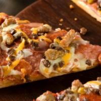 Medium Papa's All Meat Gluten Free Crust Pizza (Served Uncooked-Baking Required) · Red sauce, mozzarella, Canadian bacon, salami, pepperoni, Italian sausage and ground beef on...