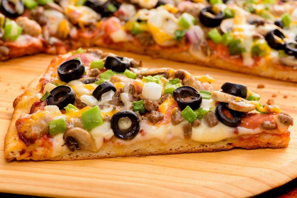 Medium Papa's Favorite Gluten Free Crust Pizza (Baking Required) · Red sauce, mozzarella, pepperoni, Italian sausage, ground beef, mushrooms, mixed onions, green peppers and olives on a gluten free crust.