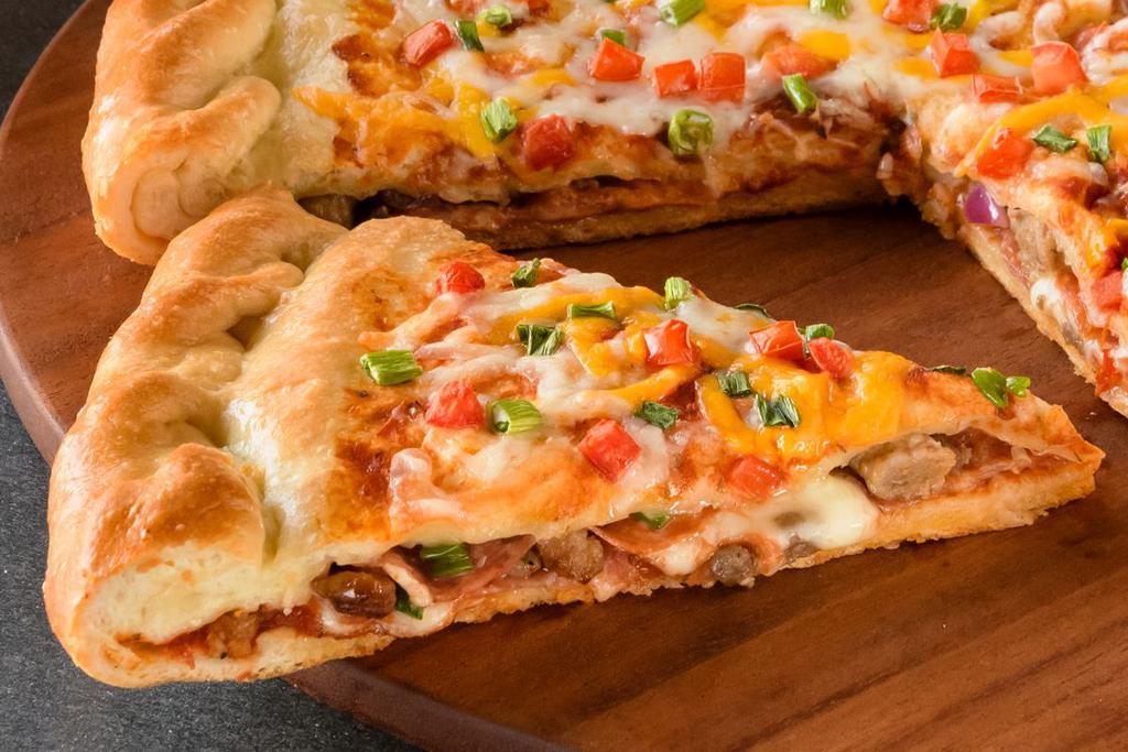Chicago-Style Stuffed Pizza (Baking Required) · Red sauce, mozzarella, salami, pepperoni, Italian sausage, ground beef, and mixed onions topped with Roma tomatoes, green onions and a blend of mozzarella and cheddar cheeses.