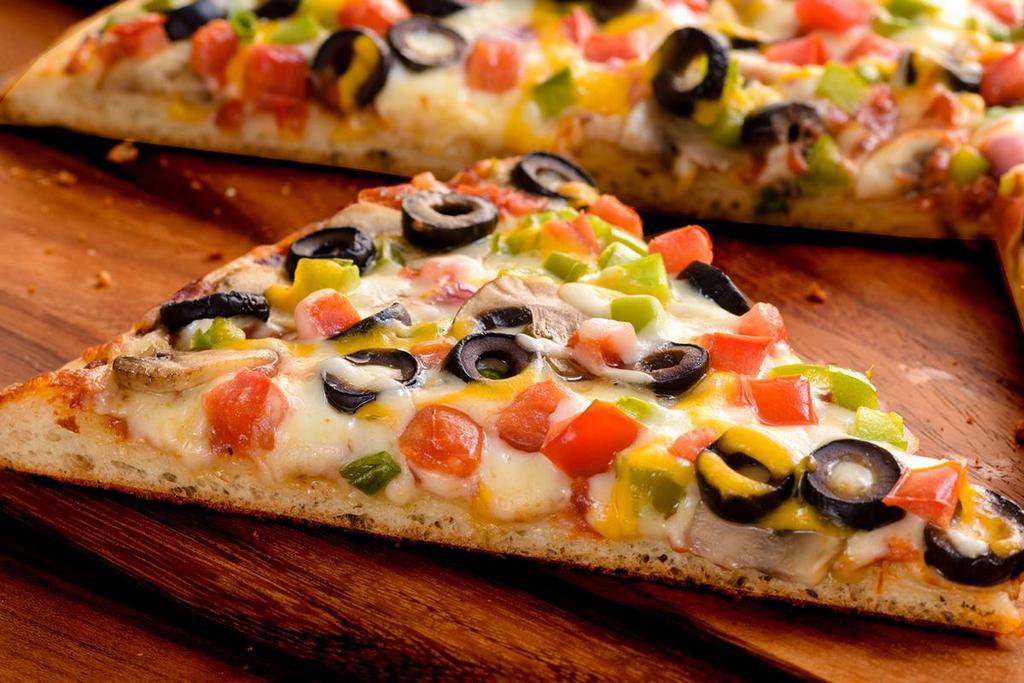Garden Veggie Pizza (Baking Required) · Red sauce, mushrooms, olives, mixed onions, green peppers and Roma tomatoes.