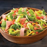 Club Salad · Romaine Lettuce topped with Crispy Bacon, Canadian Bacon, Roma Tomatoes, Whole-Milk
Mozzarel...