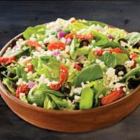 Mediterranean Salad · Romaine Lettuce and Fresh Spinach topped with Black Olives, Sun-dried Tomatoes, Mixed Onions...