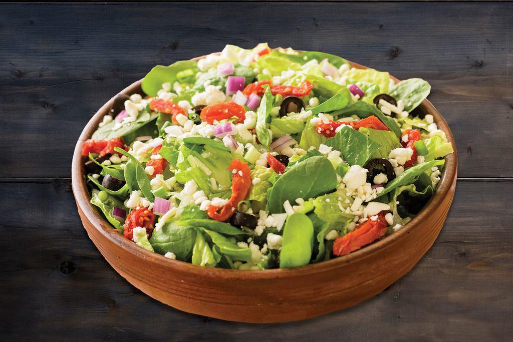 Mediterranean Salad · Romaine Lettuce and Fresh Spinach topped with Black Olives, Sun-dried Tomatoes,
Mixed Onions and Crumbled Feta Cheese