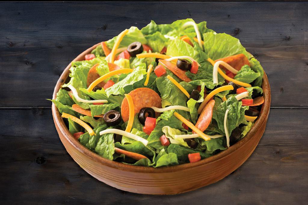 Italian Salad · Romaine, pepperoni, Roma tomatoes, olives, a blend of mozzarella and cheddar cheeses and Italian dressing.