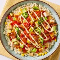 Chicken Burrito Bowl · A southwestern favorite. A bed of rice pilaf, topped with diced seasoned chicken breast, cor...