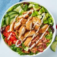 Chicken Bacon Ranch Bowl · Protein and greens! Salad greens with sliced chicken strips, chopped bacon, cucumber slices,...