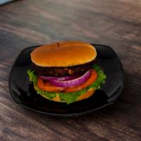 Black Bean Burger · Chipotle Black Bean Burger (not meat), Lettuce, Tomato, Onion on Bun.