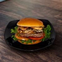 Mushroom Swiss Burger · Red Steer Farms Kansas Angus Beef, Swiss Cheese, Mushrooms, Lettuce, Tomato, Onion, Mayo on ...