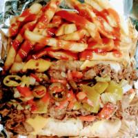 Italian Beef · Italian Beef made on french bread, dipped in the Italian beef gravy & topped with hot giardi...